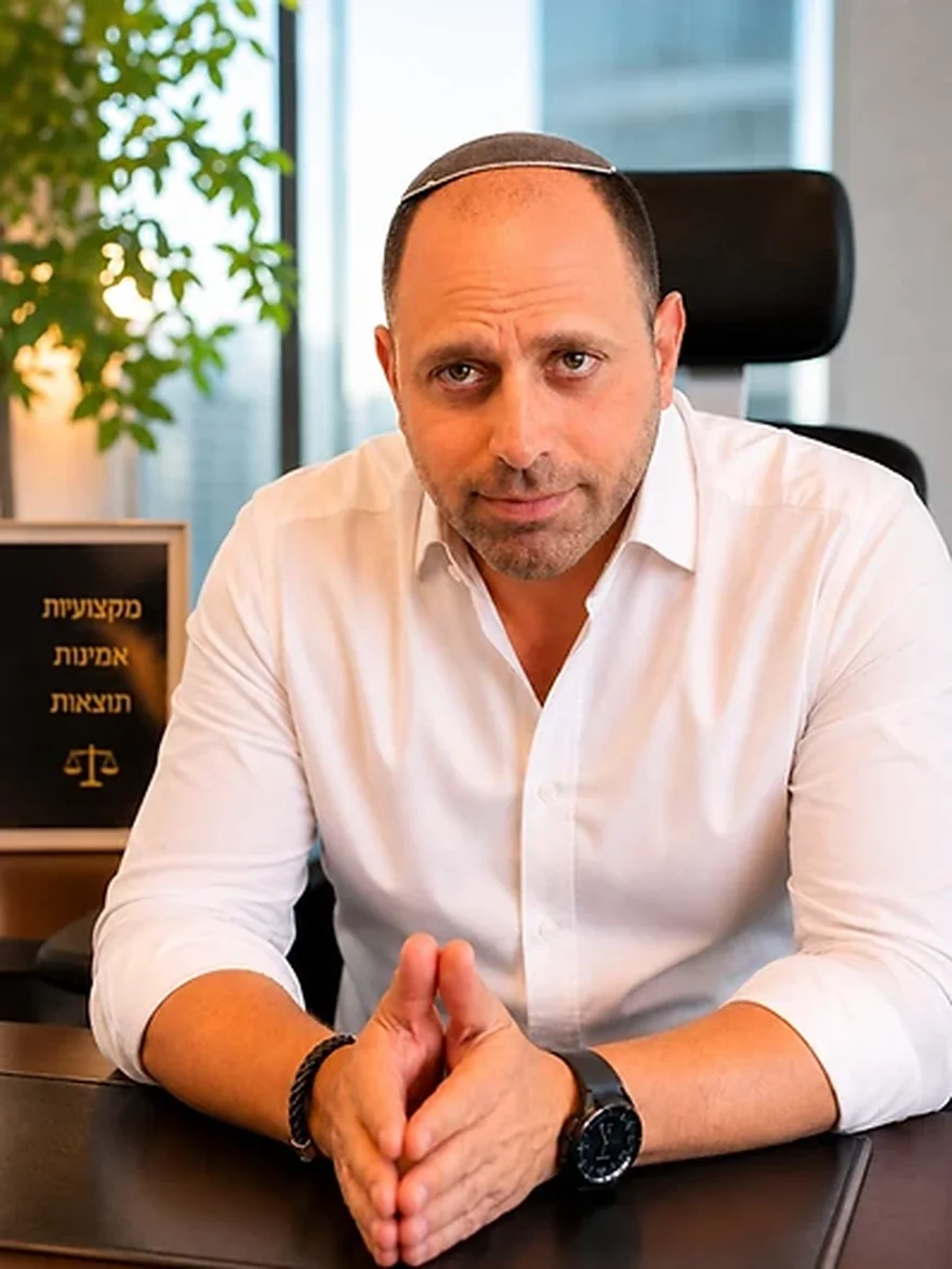 עו״ד גלעד (גילי) לוי במשרדו — שולחן עבודה, חולצה לבנה, ברקע שלט עם המילים מקצועיות, אמינות, תוצאות